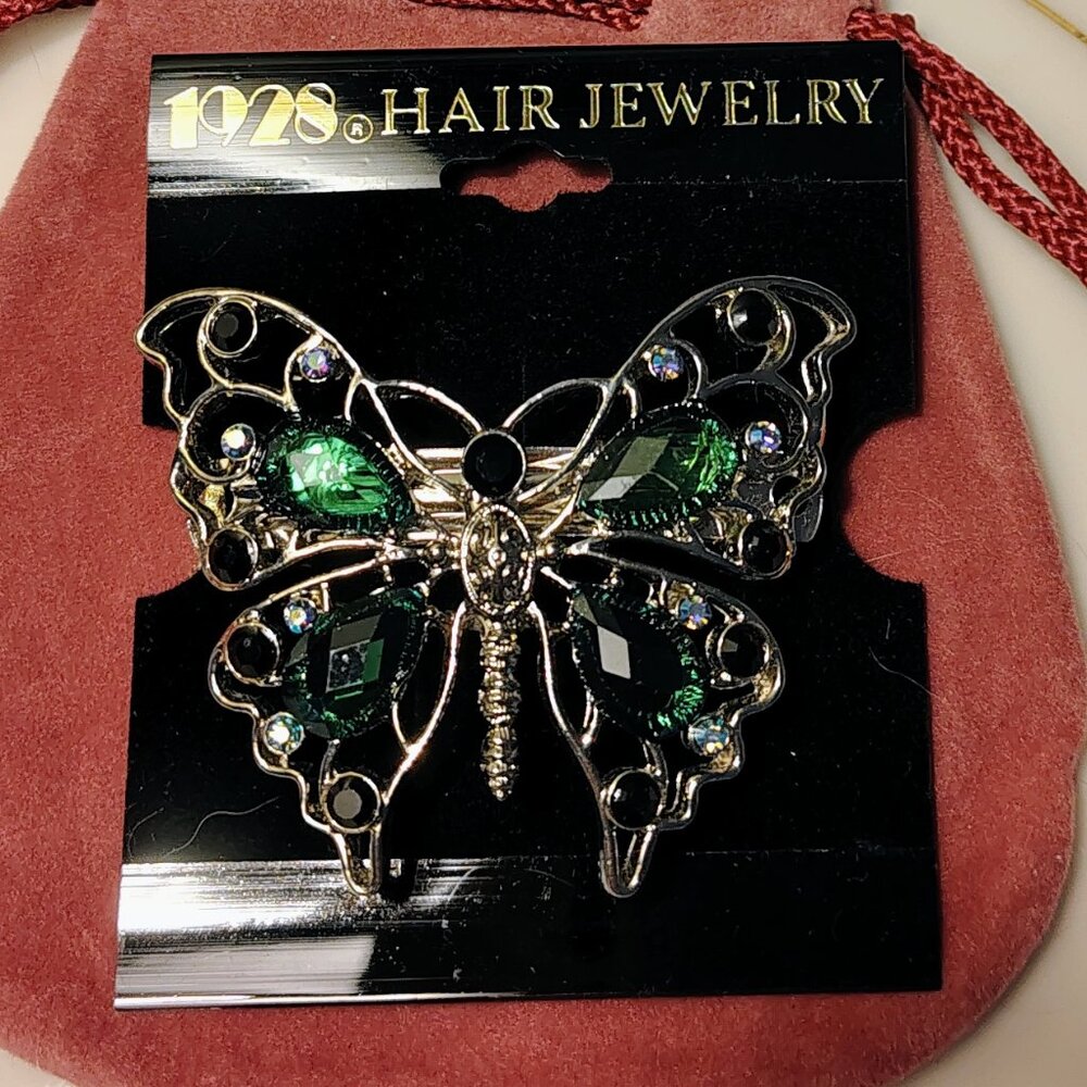 Vtg 1928 Hair Jewelry Barrette Silver Butterfly Green Lucite AB Blue Rhinestone